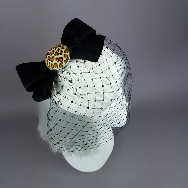"Morana" Ivory & Leopard Bow Veil Fascinator Hat