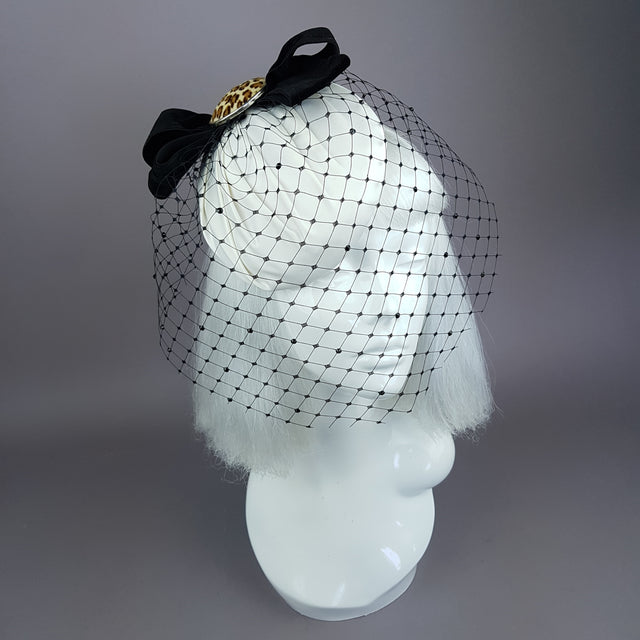 "Morana" Ivory & Leopard Bow Veil Fascinator Hat