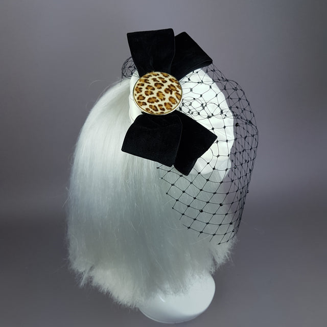 "Morana" Ivory & Leopard Bow Veil Fascinator Hat