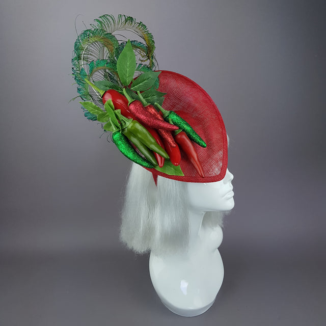 "Agni" Chili Peppers & Peacock Feather Fascinator Hat