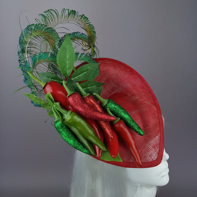 "Agni" Chili Peppers & Peacock Feather Fascinator Hat