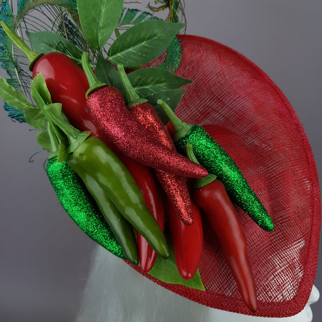 "Agni" Chili Peppers & Peacock Feather Fascinator Hat