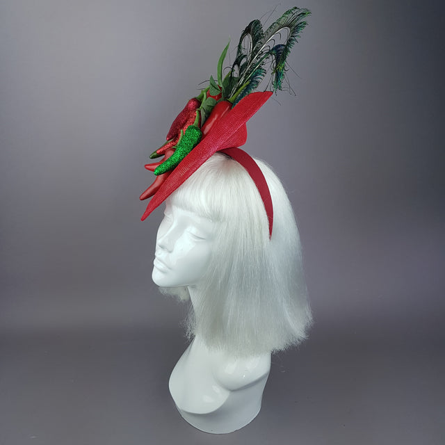"Agni" Chili Peppers & Peacock Feather Fascinator Hat