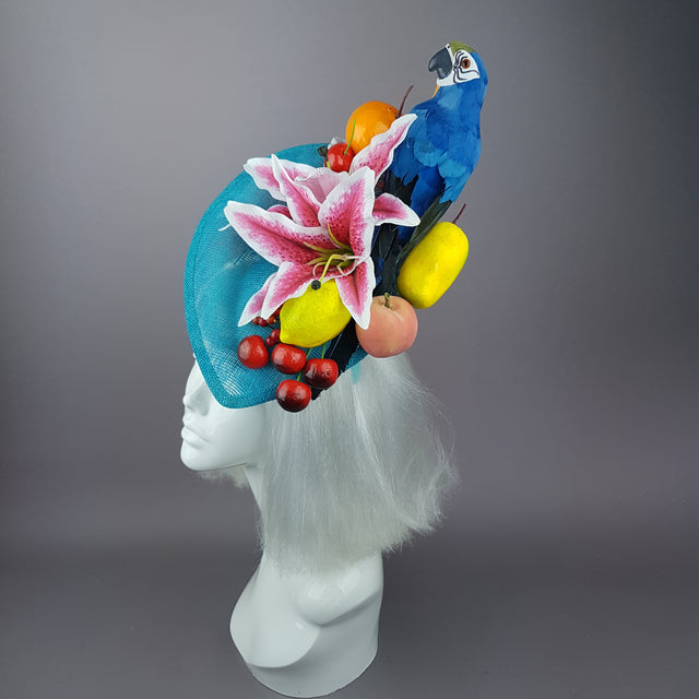 "Leilani" Colourful Parrot & Fruit Tropical Fascinator Hat