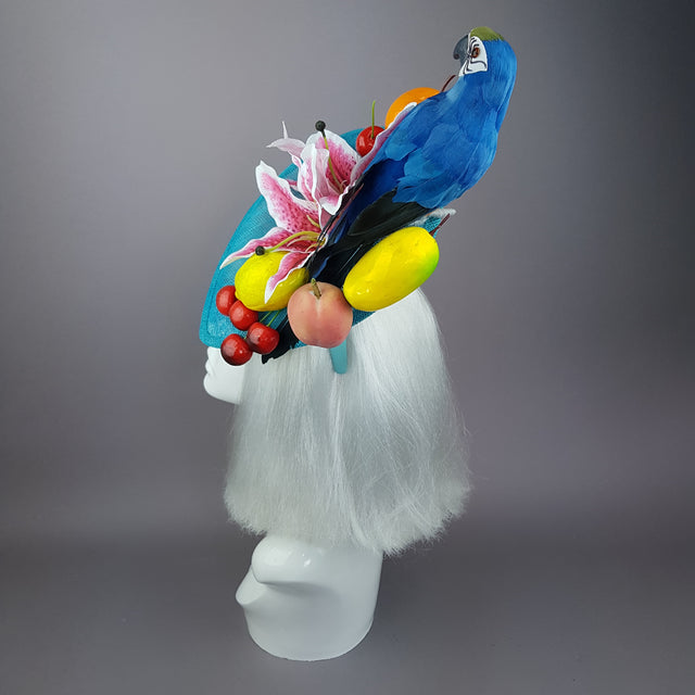 "Leilani" Colourful Parrot & Fruit Tropical Fascinator Hat