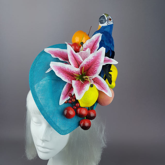 "Leilani" Colourful Parrot & Fruit Tropical Fascinator Hat