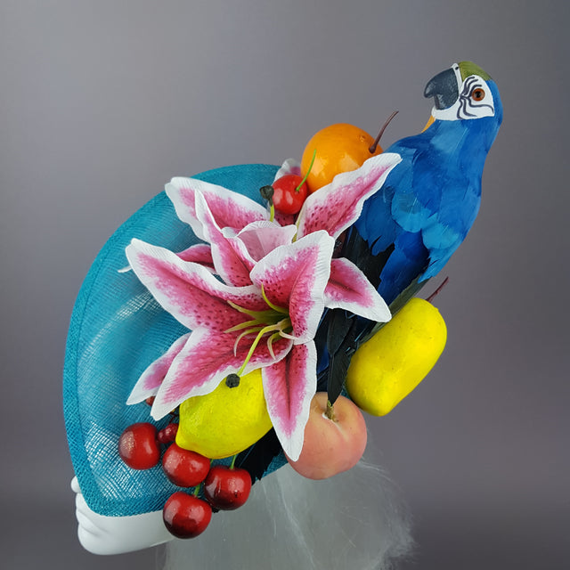 "Leilani" Colourful Parrot & Fruit Tropical Fascinator Hat