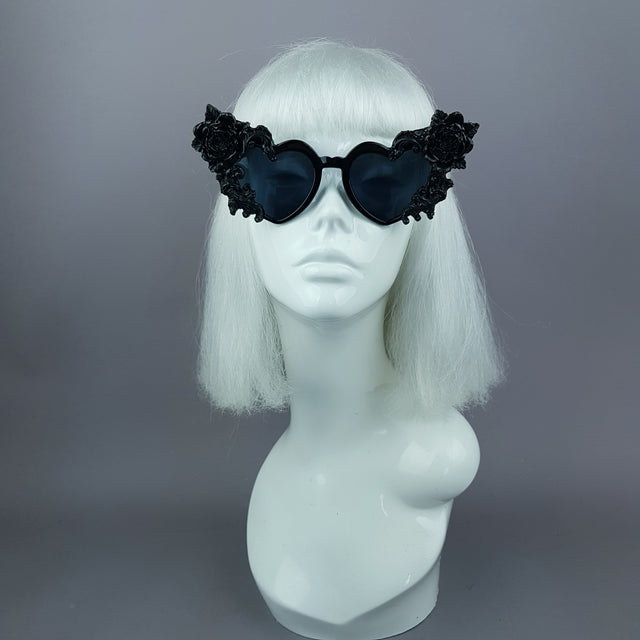 "Lisha" Black Rose & Filigree Heart Shaped Sunglasses