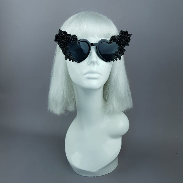"Lisha" Black Rose & Filigree Heart Shaped Sunglasses