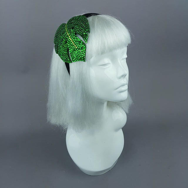 "Aitutaki" Crystal Green Tropical Leaf Headpiece