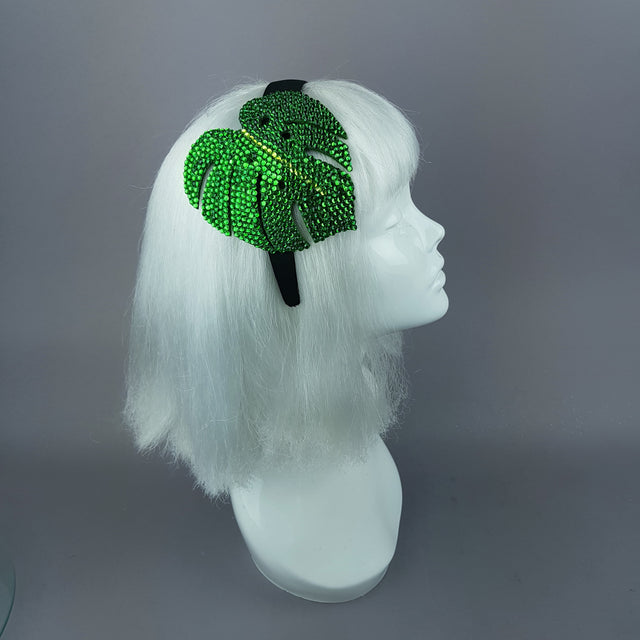 "Aitutaki" Crystal Green Tropical Leaf Headpiece