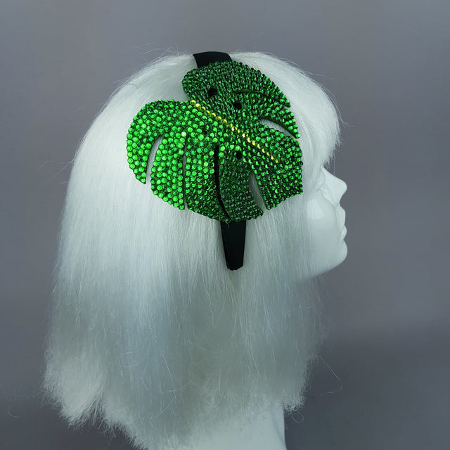 "Aitutaki" Crystal Green Tropical Leaf Headpiece