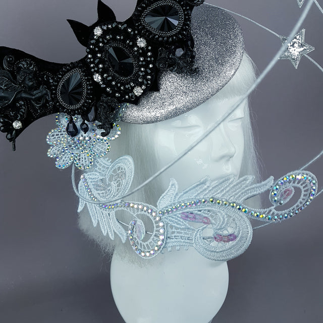 "Badriyah" Bejewelled Bat, Moon, Lace Clouds, Stars Fascinator Hat