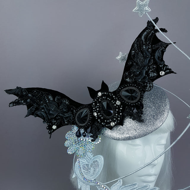 "Badriyah" Bejewelled Bat, Moon, Lace Clouds, Stars Fascinator Hat