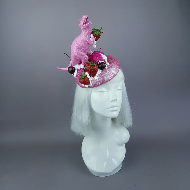 "T-Rex-Topia" Pink Dinosaur, Strawberries & Cream Fascinator Hat