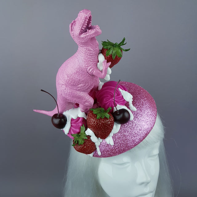 "T-Rex-Topia" Pink Dinosaur, Strawberries & Cream Fascinator Hat