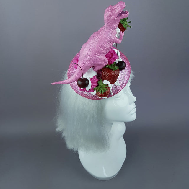 "T-Rex-Topia" Pink Dinosaur, Strawberries & Cream Fascinator Hat