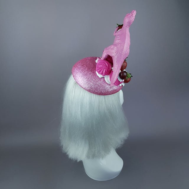 "T-Rex-Topia" Pink Dinosaur, Strawberries & Cream Fascinator Hat