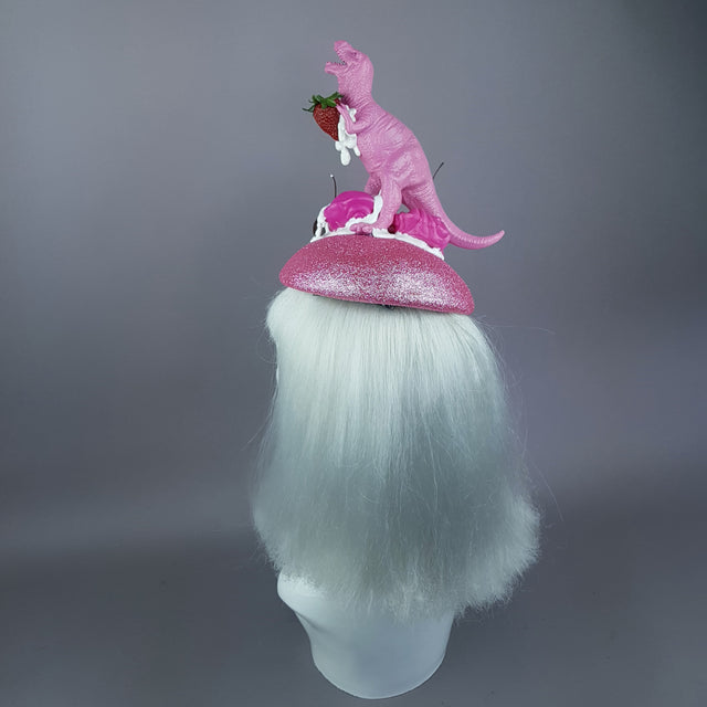 "T-Rex-Topia" Pink Dinosaur, Strawberries & Cream Fascinator Hat