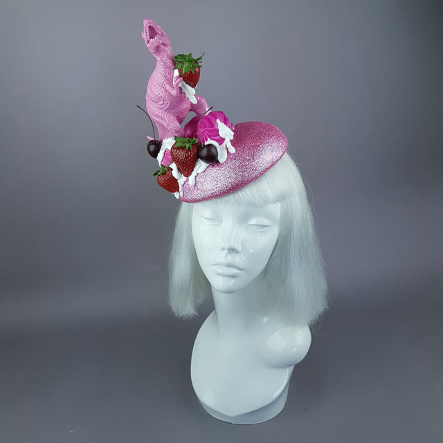 "T-Rex-Topia" Pink Dinosaur, Strawberries & Cream Fascinator Hat