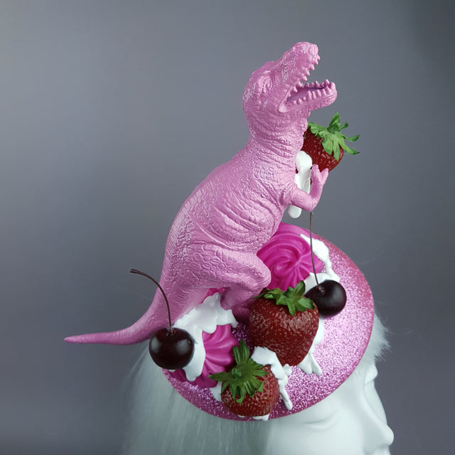 "T-Rex-Topia" Pink Dinosaur, Strawberries & Cream Fascinator Hat