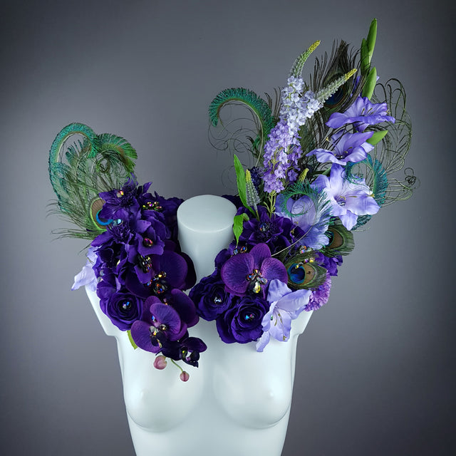 "Lorelai" Purple Flower & Peacock Feather Shoulder/Neckpiece