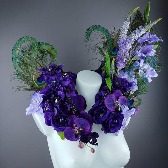 "Lorelai" Purple Flower & Peacock Feather Shoulder/Neckpiece