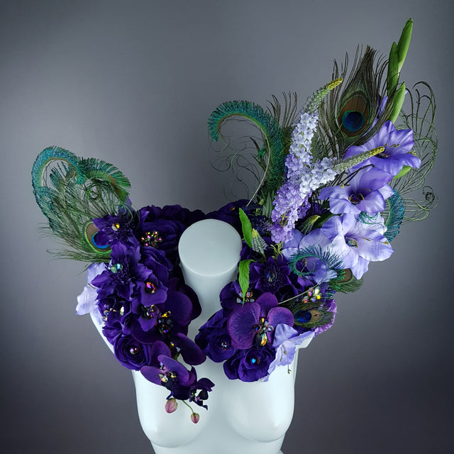 "Lorelai" Purple Flower & Peacock Feather Shoulder/Neckpiece