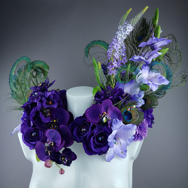 "Lorelai" Purple Flower & Peacock Feather Shoulder/Neckpiece