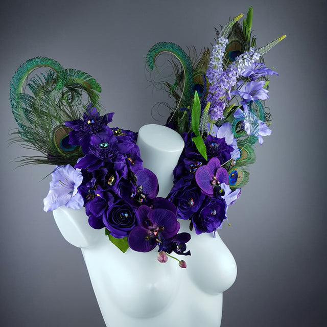 "Lorelai" Purple Flower & Peacock Feather Shoulder/Neckpiece