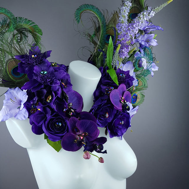 "Lorelai" Purple Flower & Peacock Feather Shoulder/Neckpiece