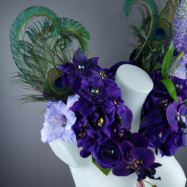 "Lorelai" Purple Flower & Peacock Feather Shoulder/Neckpiece