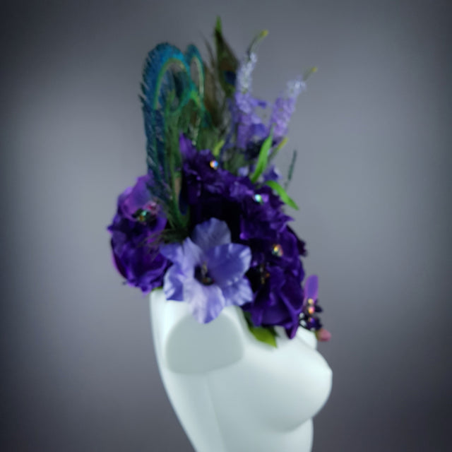 "Lorelai" Purple Flower & Peacock Feather Shoulder/Neckpiece
