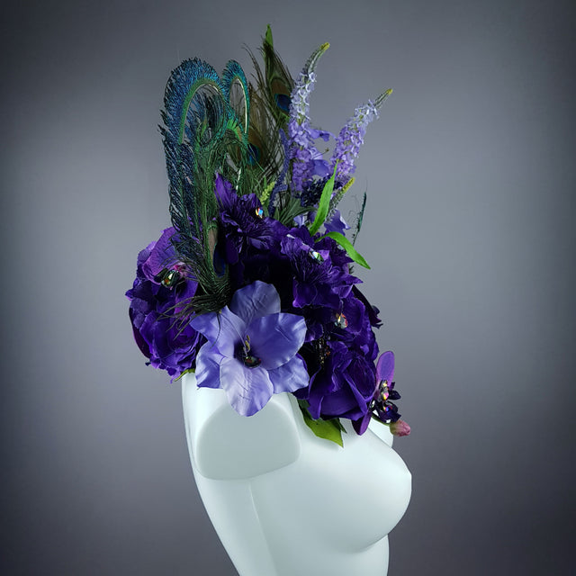 "Lorelai" Purple Flower & Peacock Feather Shoulder/Neckpiece