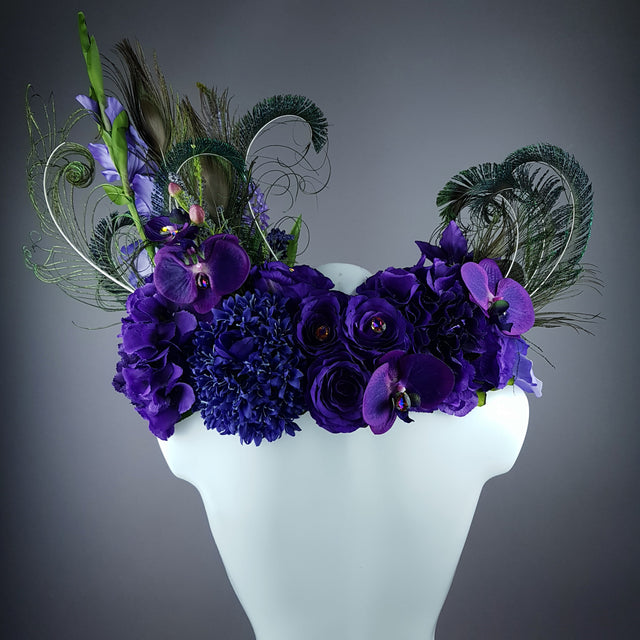"Lorelai" Purple Flower & Peacock Feather Shoulder/Neckpiece