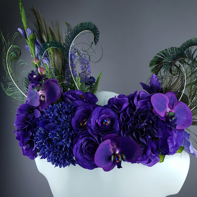 "Lorelai" Purple Flower & Peacock Feather Shoulder/Neckpiece