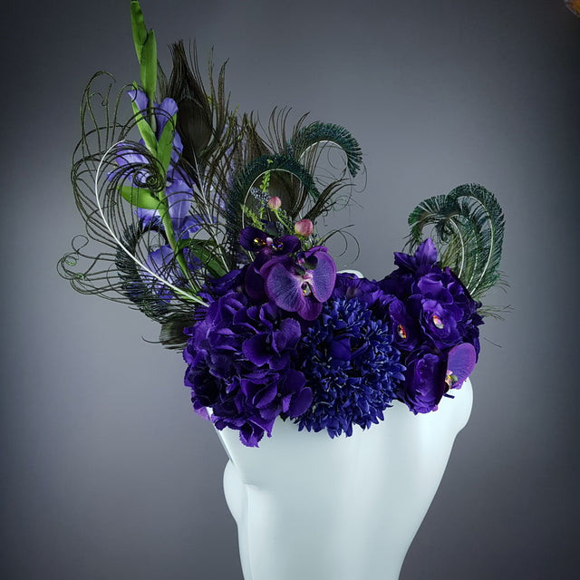 "Lorelai" Purple Flower & Peacock Feather Shoulder/Neckpiece