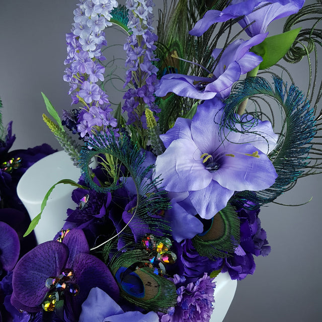 "Lorelai" Purple Flower & Peacock Feather Shoulder/Neckpiece