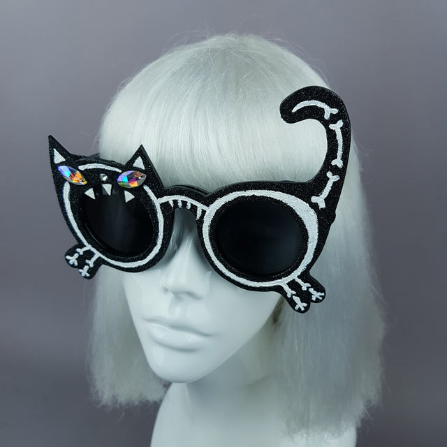 "Mao" Black Glitter Skeleton Cat Sunglasses