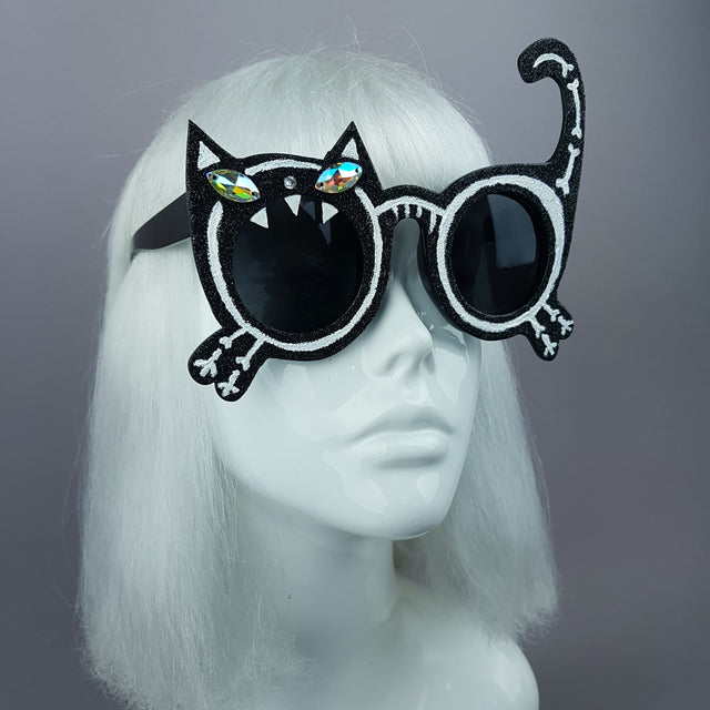 "Mao" Black Glitter Skeleton Cat Sunglasses