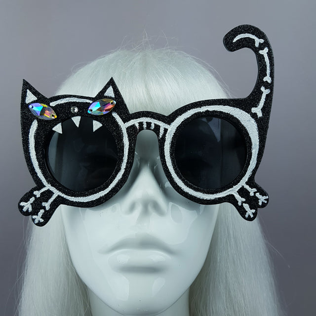 "Mao" Black Glitter Skeleton Cat Sunglasses