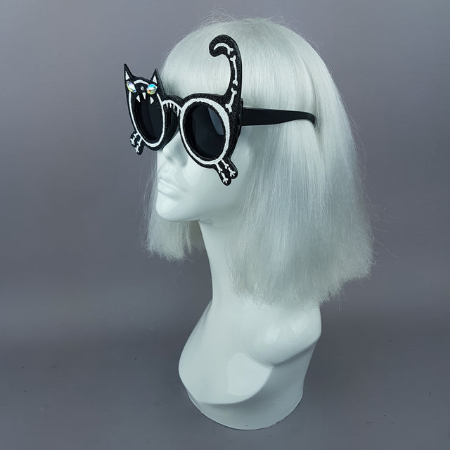 "Mao" Black Glitter Skeleton Cat Sunglasses