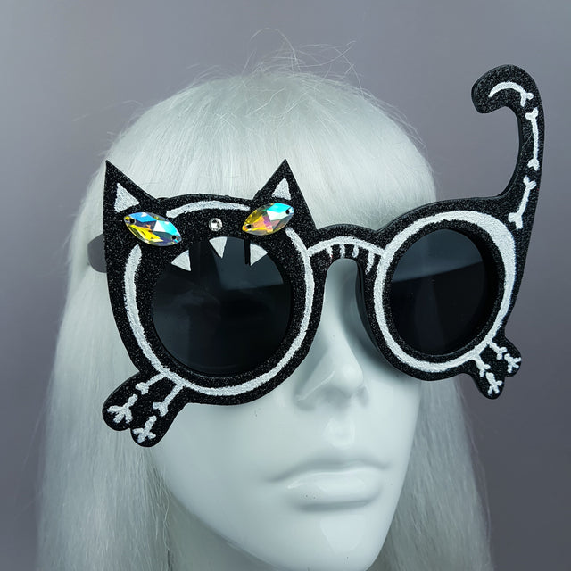 "Mao" Black Glitter Skeleton Cat Sunglasses