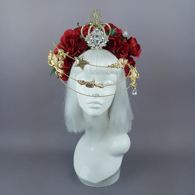 "Euphorie" Red Rose, Crown & Gold Cherub Headpiece