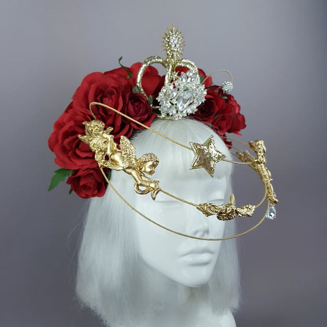 "Euphorie" Red Rose, Crown & Gold Cherub Headpiece