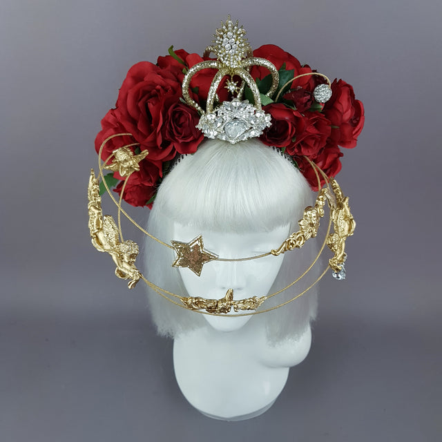"Euphorie" Red Rose, Crown & Gold Cherub Headpiece