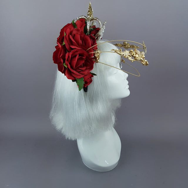 "Euphorie" Red Rose, Crown & Gold Cherub Headpiece