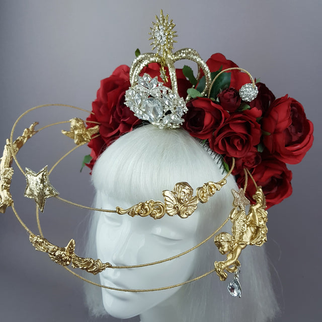 "Euphorie" Red Rose, Crown & Gold Cherub Headpiece
