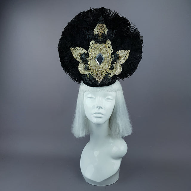 "Lujo" Black & Gold Feather & Filigree Headdress
