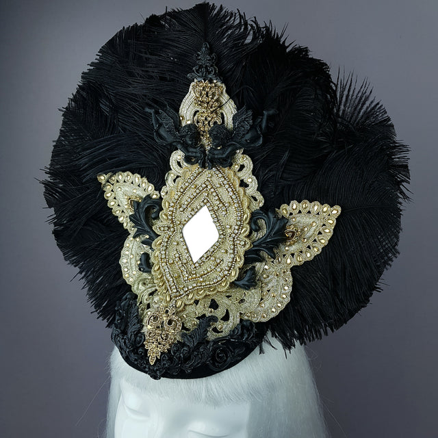 "Lujo" Black & Gold Feather & Filigree Headdress